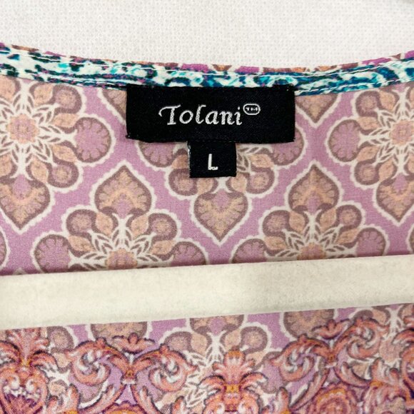 Tolani Blue Pink Mandala Print Top Peasant Silk Puff Sleeve Boho - Size Large - Picture 5 of 8